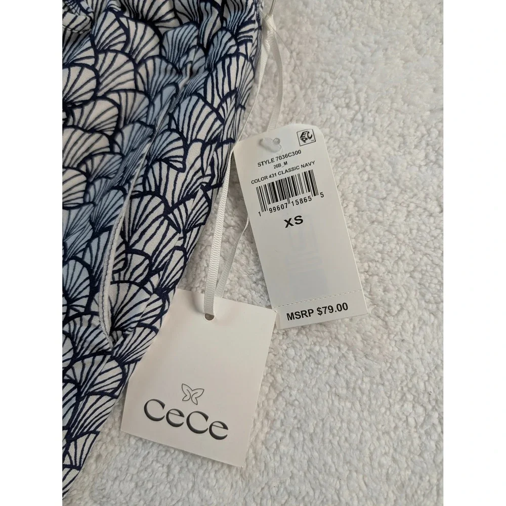 CeCe Womens Wide Leg Pants Navy White Shell Fan Print Elastic Waist XS NWT
